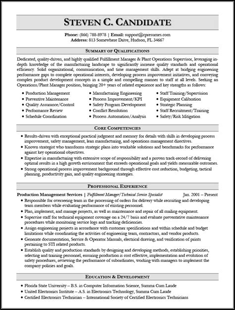 sample resume for manufacturing worker